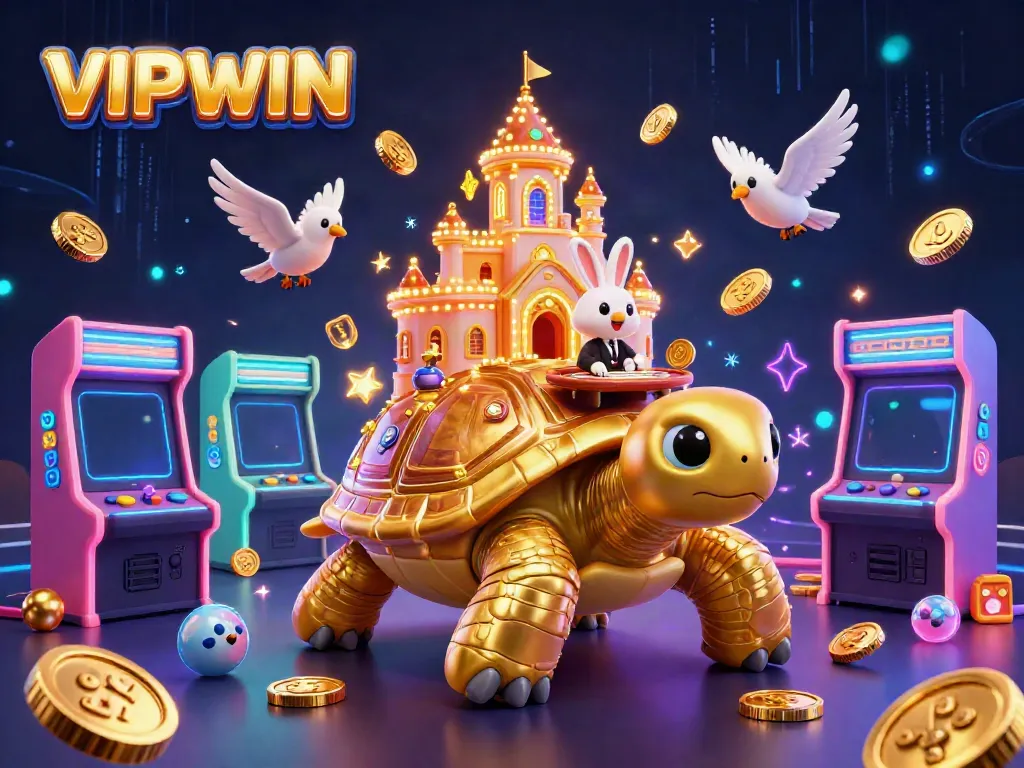 VIPWIN offers thrilling gaming experiences with a golden tortoise casino, vibrant arcade elements, and a rabbit dealer.
