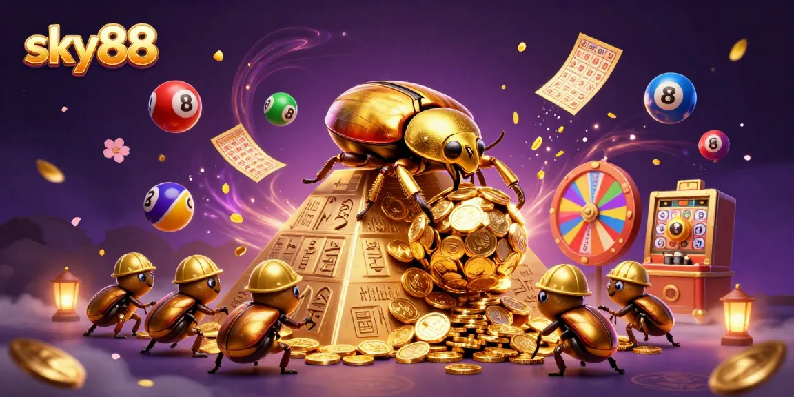 Experience fun with sky88 as beetles roll gold coins and lottery balls bounce in a vibrant casino scene.