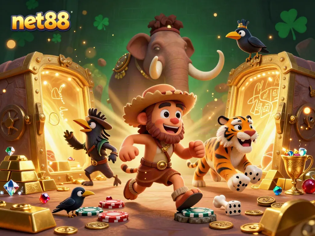 Experience the thrill of net88 with a dynamic casino scene featuring vibrant characters and dazzling rewards.