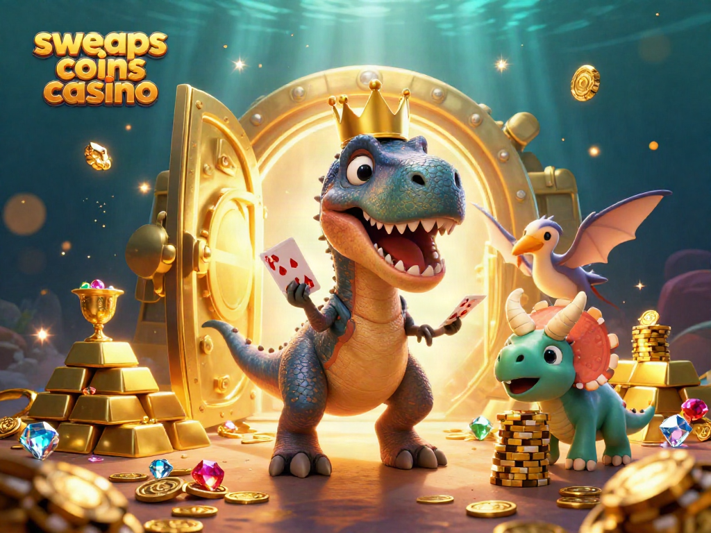 Engage with sweeps coins casino as dinosaurs stack chips and shuffle cards in a vibrant 3D casino adventure.