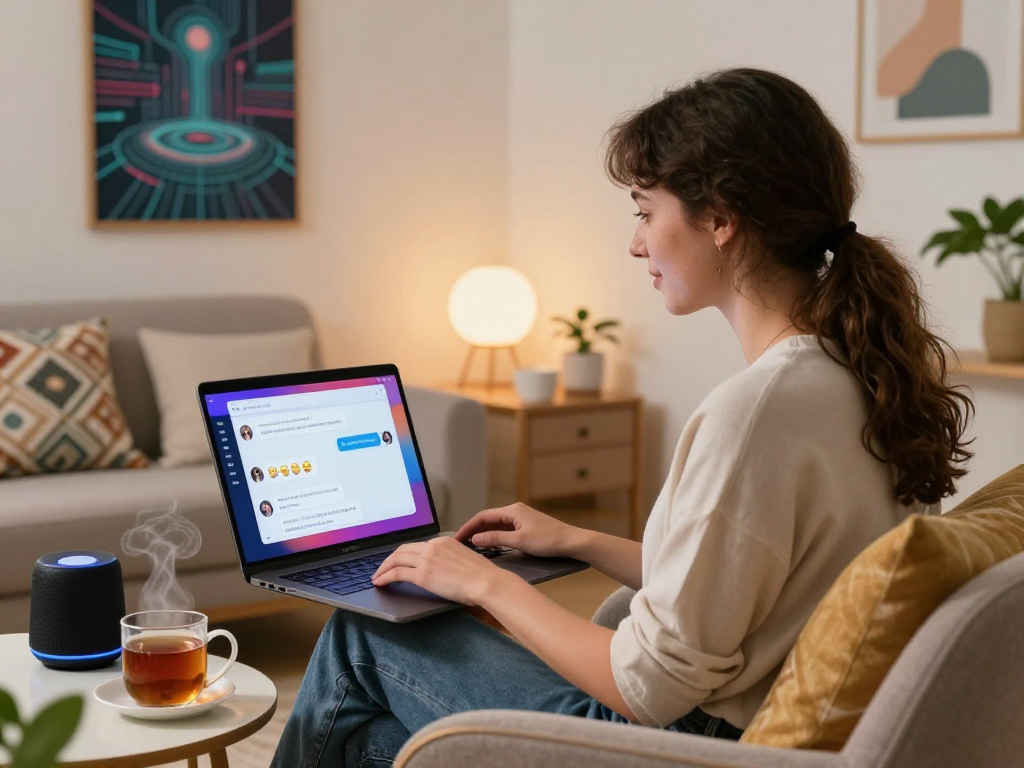 AI sex chat scene featuring a woman engaging in a virtual conversation in a stylish lounge, with a laptop and inviting decor.