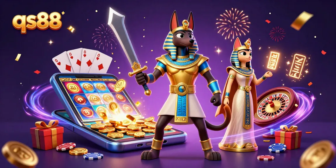Experience excitement at qs88 with ancient Egyptian warriors celebrating casino fun amidst vibrant gaming elements.