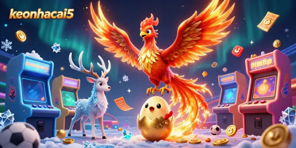 Engage with keonhacai5's vibrant sports betting scene featuring a fiery phoenix, arcade machines, and trophies.