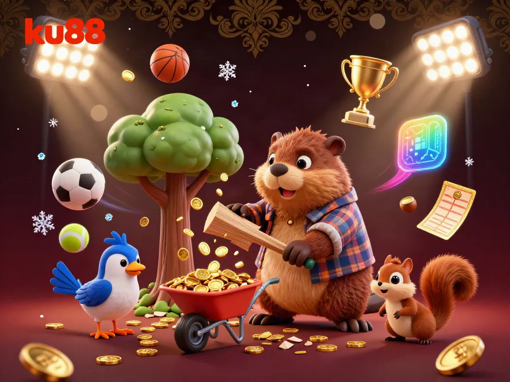 Experience dynamic gambling action at ku88 with a cartoon beaver, bird, and squirrel in a gold-rich casino setting.