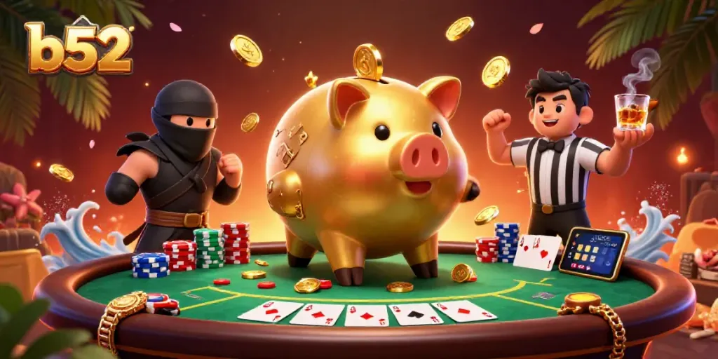 Experience thrilling gameplay at b52 with a winning piggy bank sumo wrestler and vibrant poker elements.