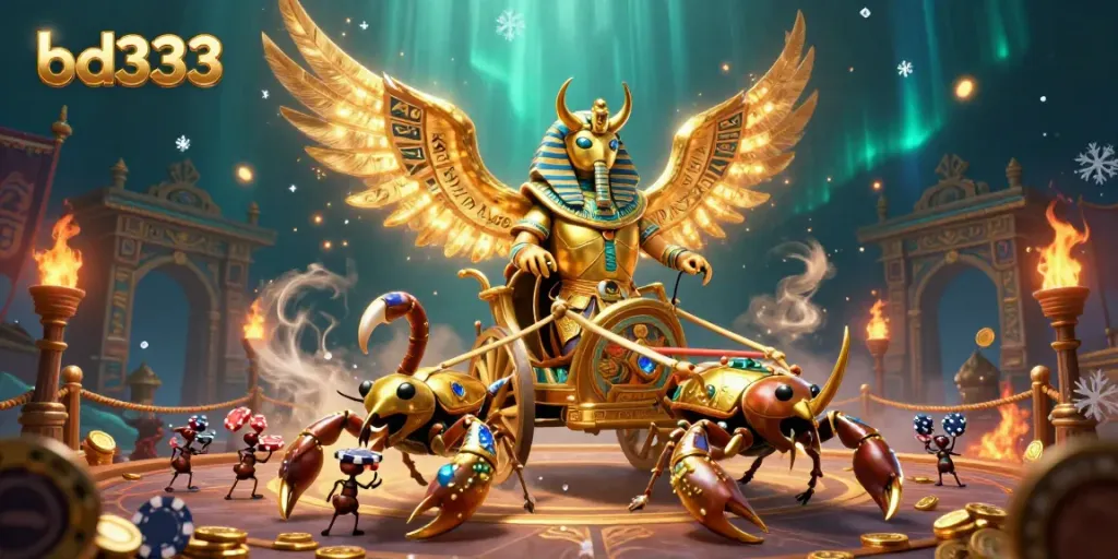 Experience thrilling gaming with bd333 in a vibrant casino scene featuring a golden scarab beetle.