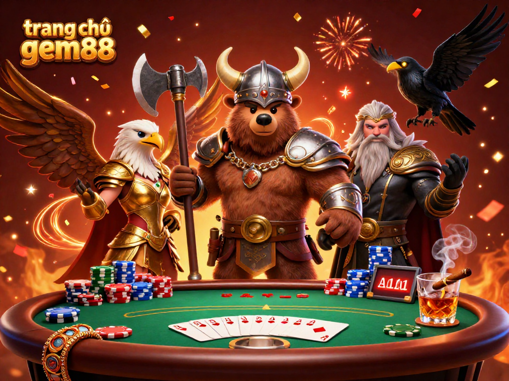 Engage with exciting poker action on trang chủ gem88 showcasing 3D Viking and Valkyrie characters.
