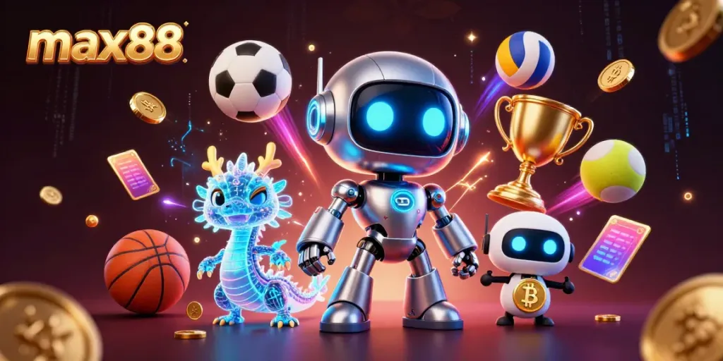 Experience immersive gaming with max88's vibrant 3D illustration showcasing dynamic casino action.