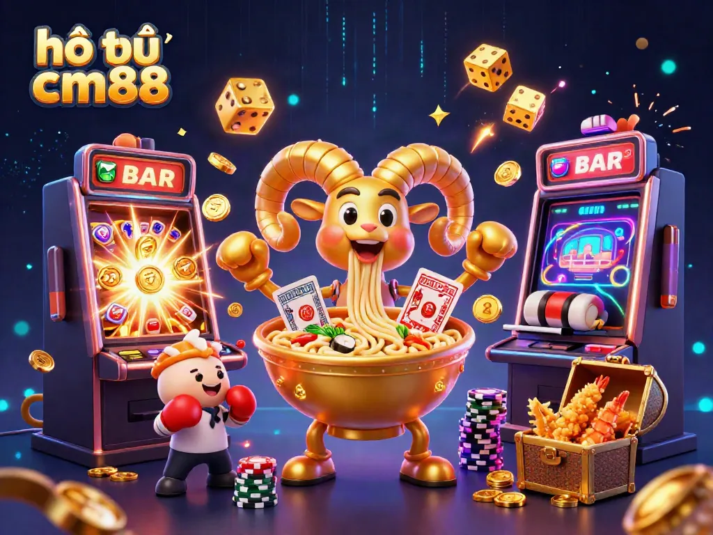 Engage with hổ trợ cm88 through a vibrant casino scene featuring playful characters and dynamic game elements.
