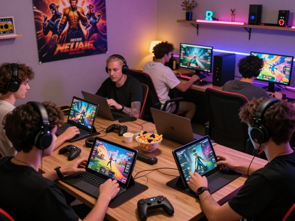 Players enjoying online porn games in a cozy gaming lounge setting with vibrant graphics and modern devices.